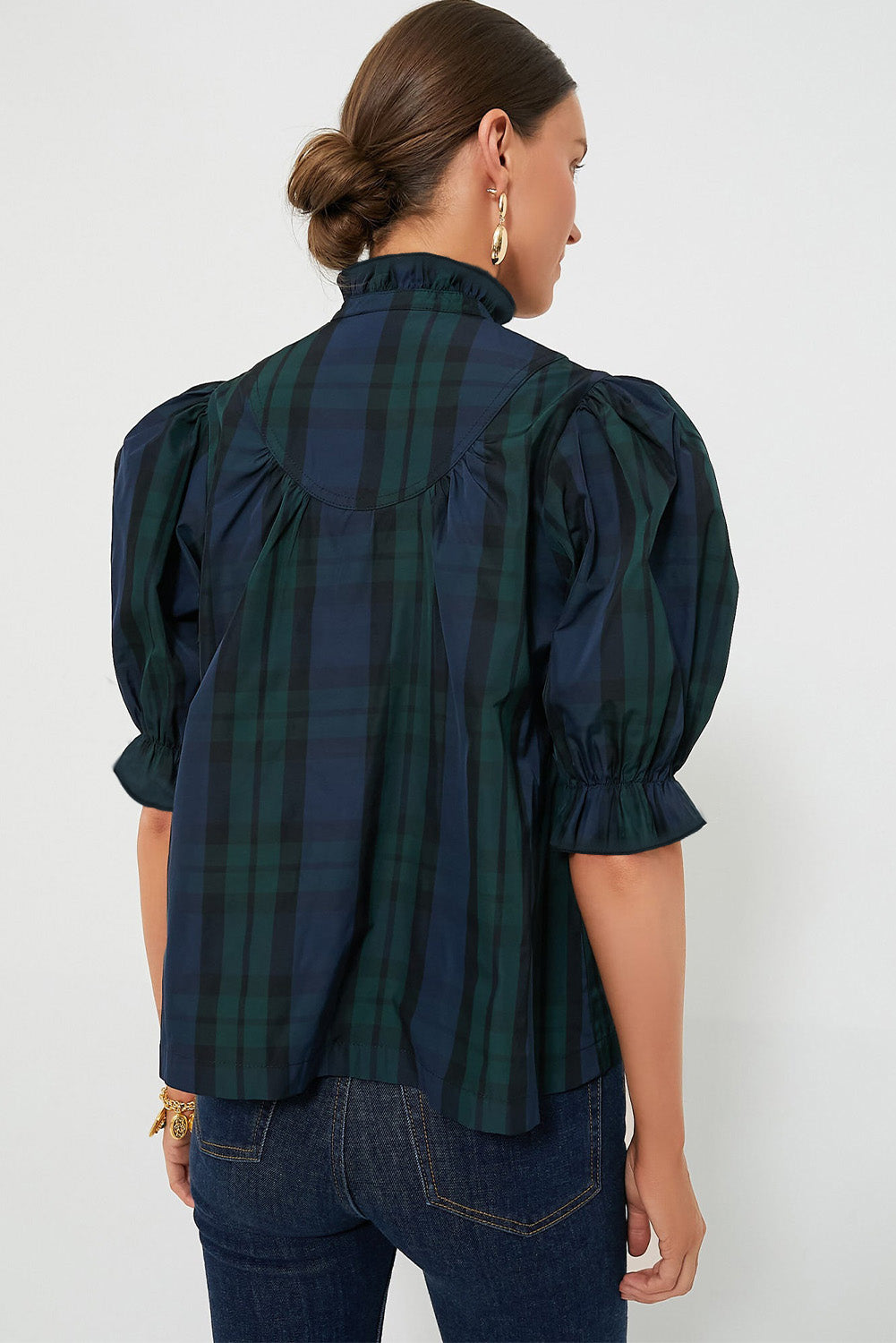 Green Checkered Puff Sleeve Frill Trim Blouse - Navy Grays Boutique