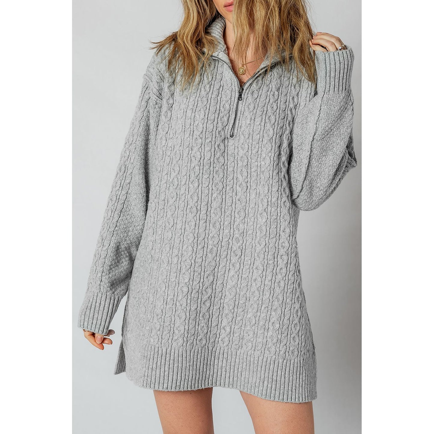 High-rise Quarter Zip Ribbed Trim Cable Knit Loose Sweater Dress