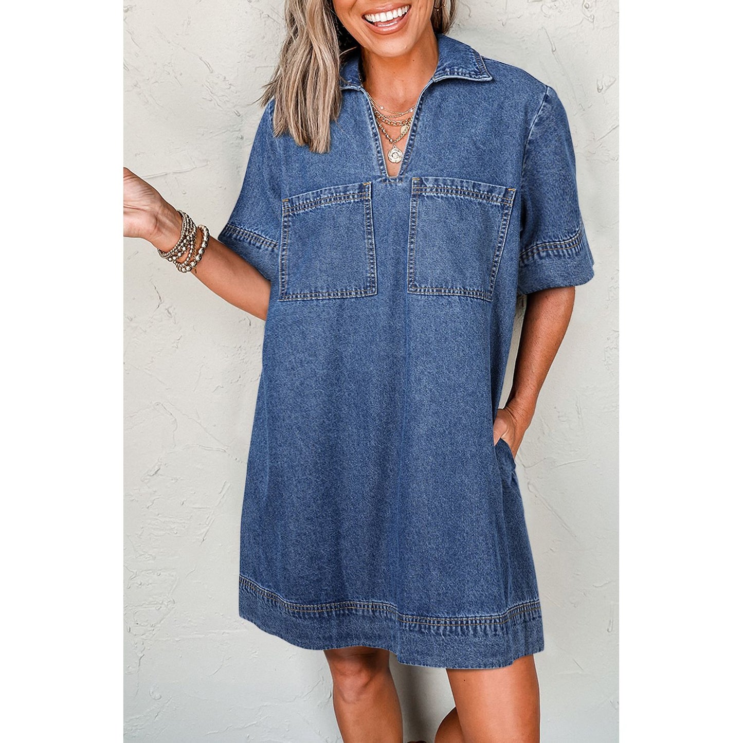 Blue Short Sleeve Collared Chest Pocket Denim Mini Dress