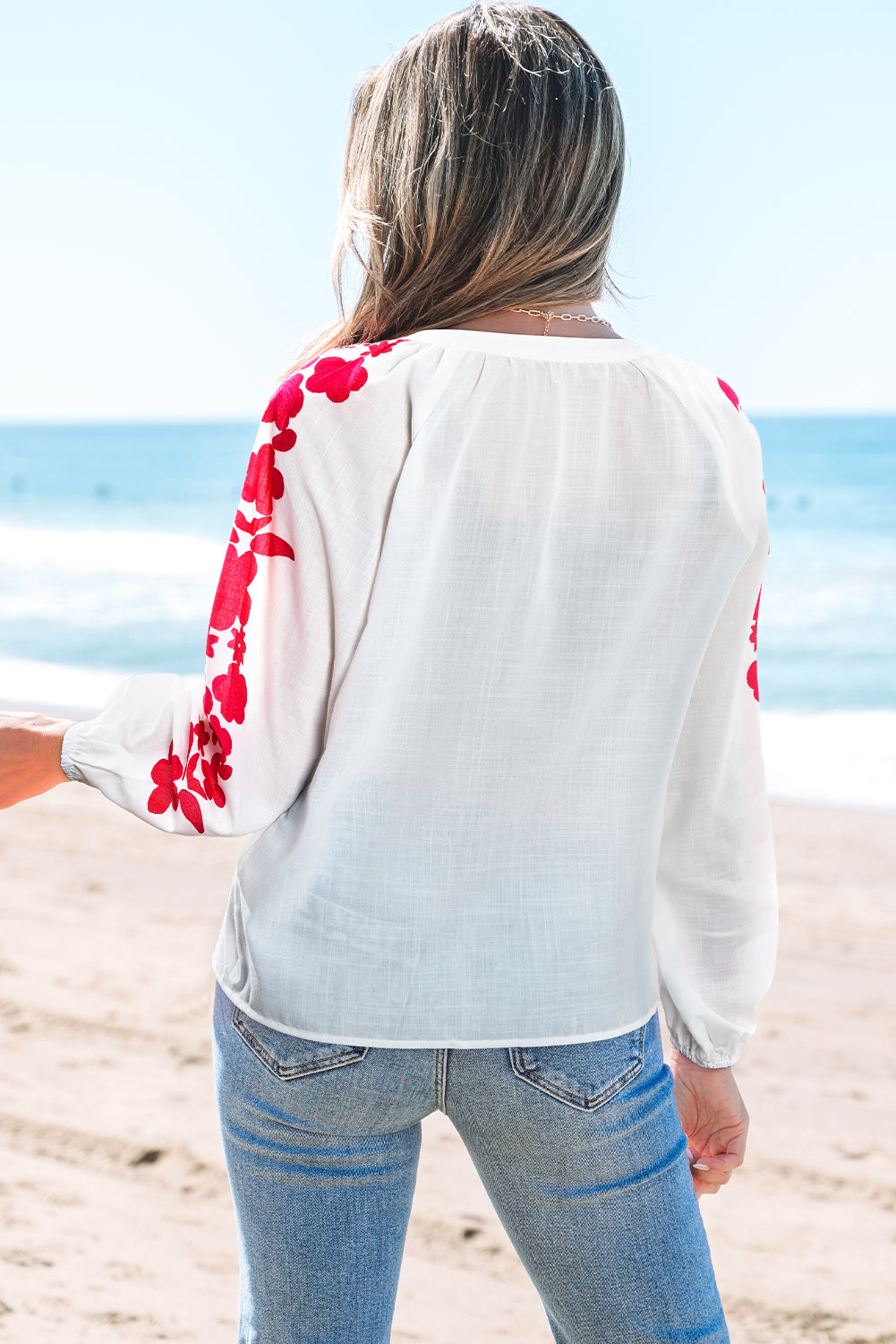 White Floral Embroidered Puff Long Sleeve Blouse