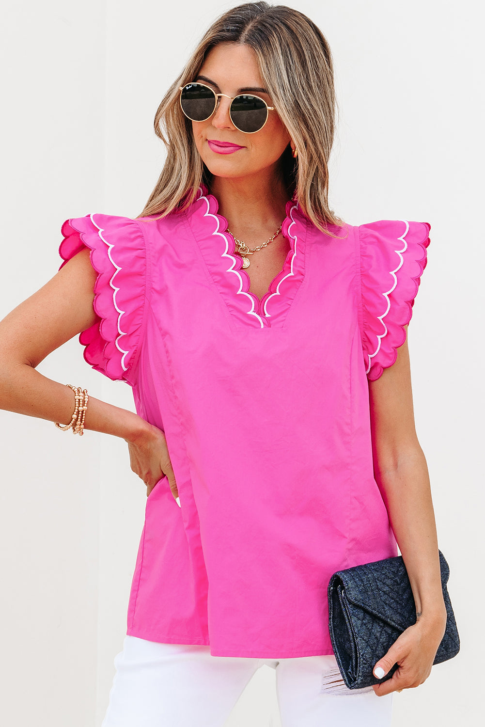 Bright Pink Scallop Trim Blouse