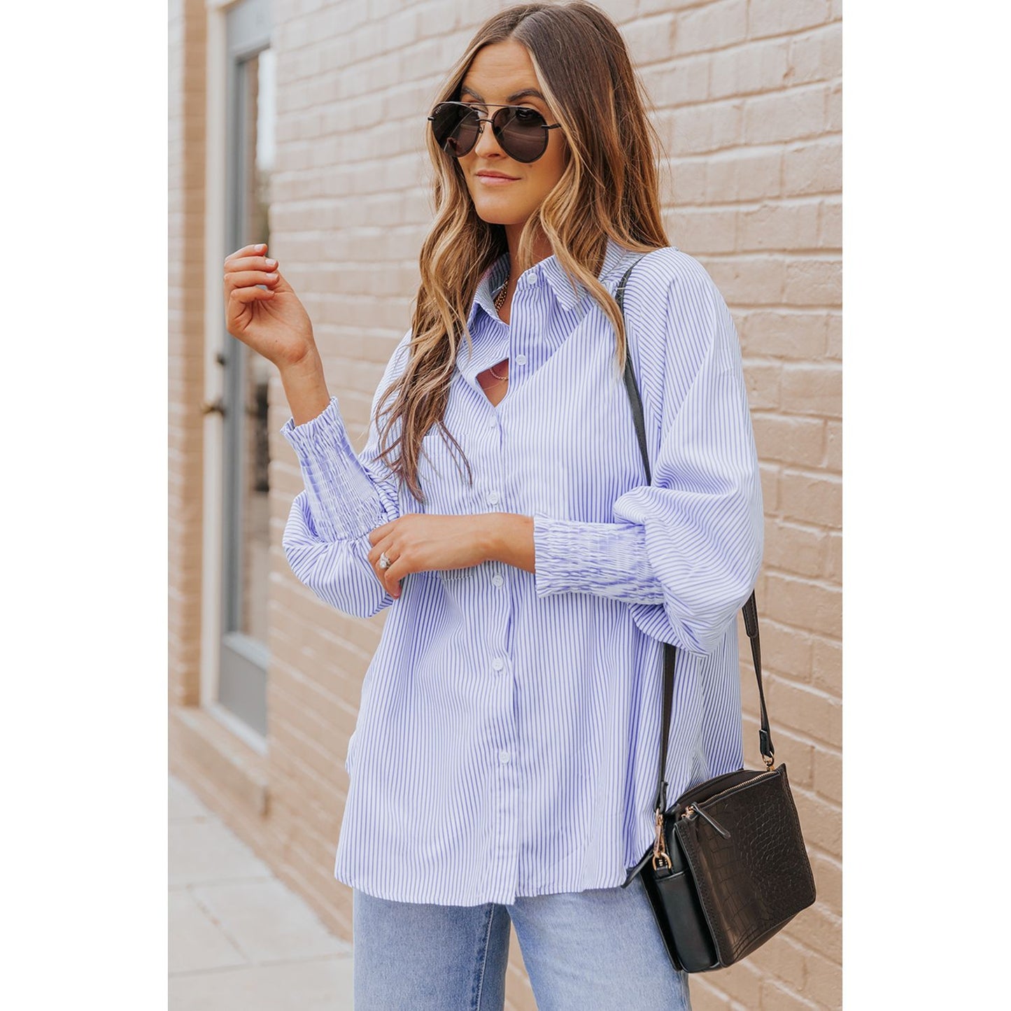 Light Blue Casual Striped Shirred Cuffs Shirt