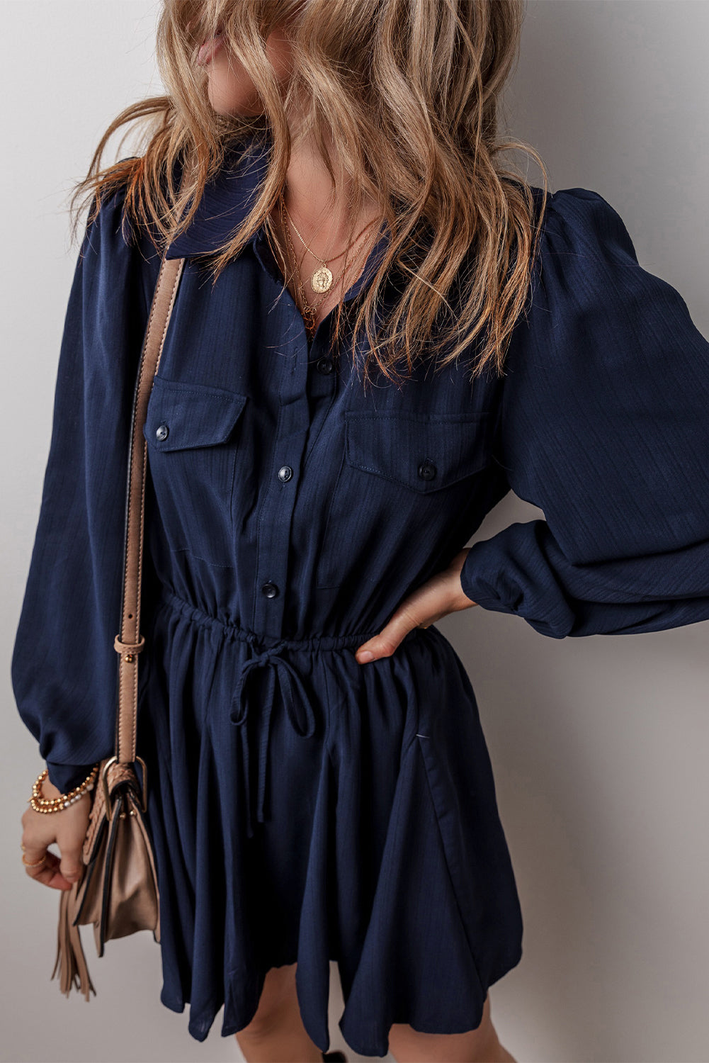 Navy Blue Solid Chest Pockets Tunic Shirt Mini Dress - Navy Grays Boutique