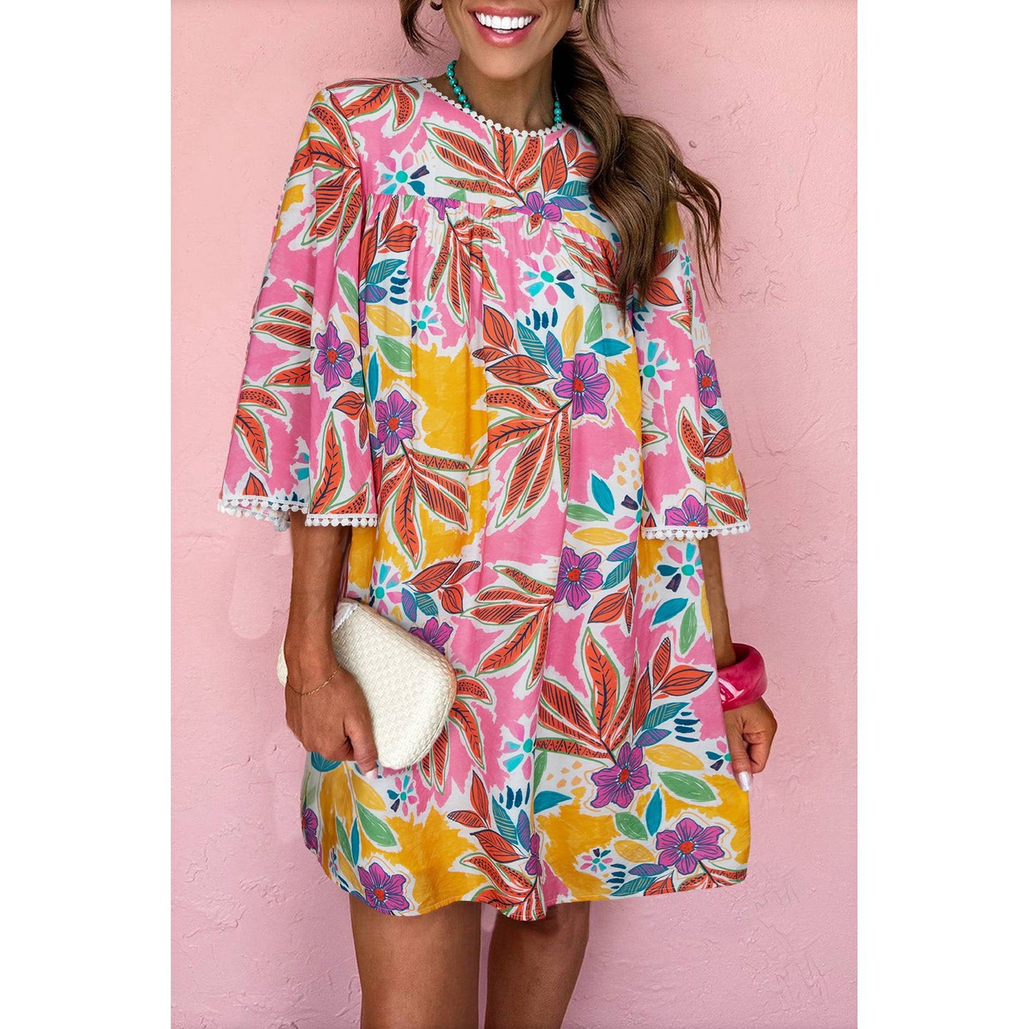 Pink Tropical Floral Bell Sleeve Loose Mini Dress