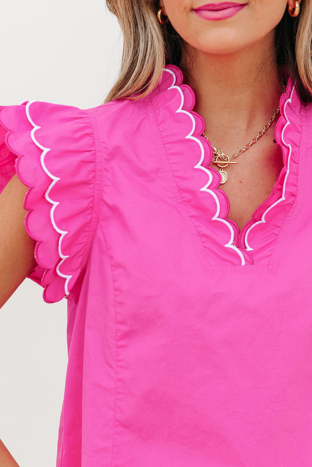 Bright Pink Scallop Trim Blouse