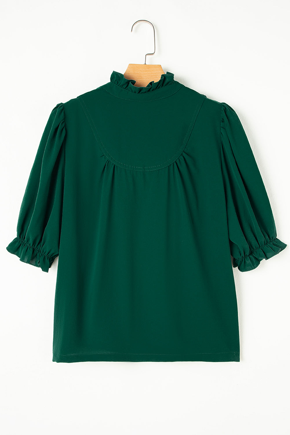 Green Checkered Puff Sleeve Frill Trim Blouse - Navy Grays Boutique