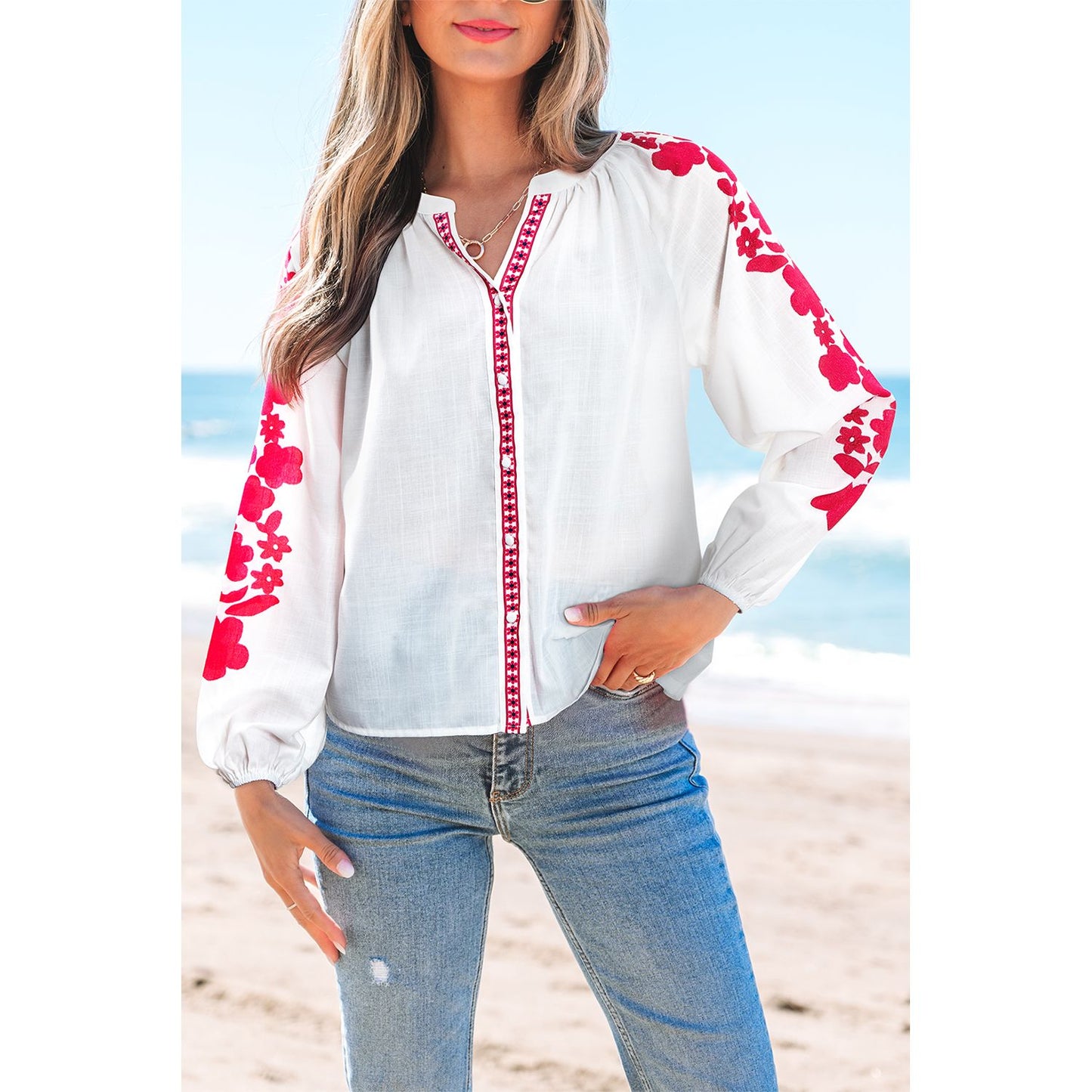 White Floral Embroidered Puff Long Sleeve Blouse