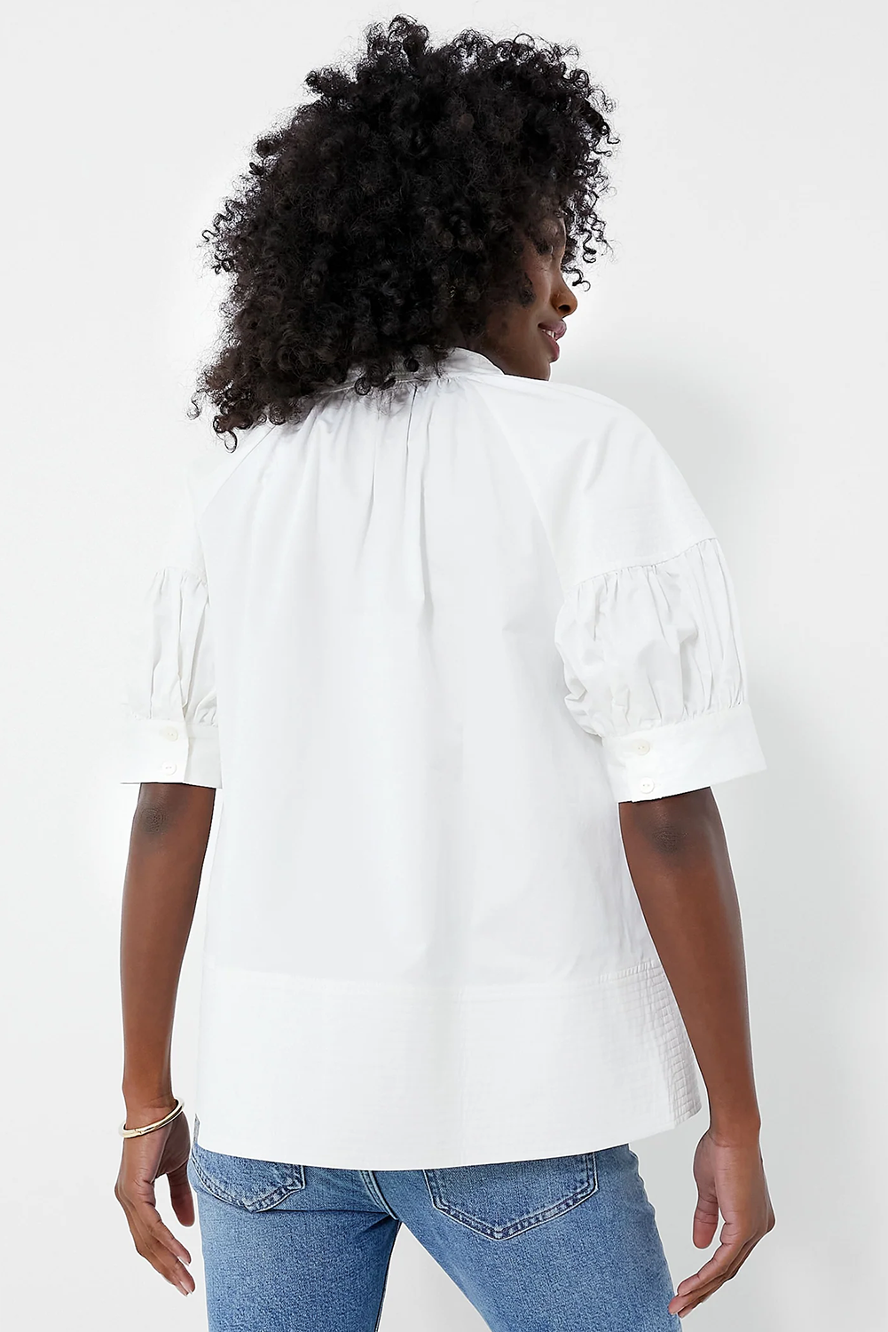 White Solid Color Ruched Bubble Sleeve V Neck Shirt - Navy Grays Boutique