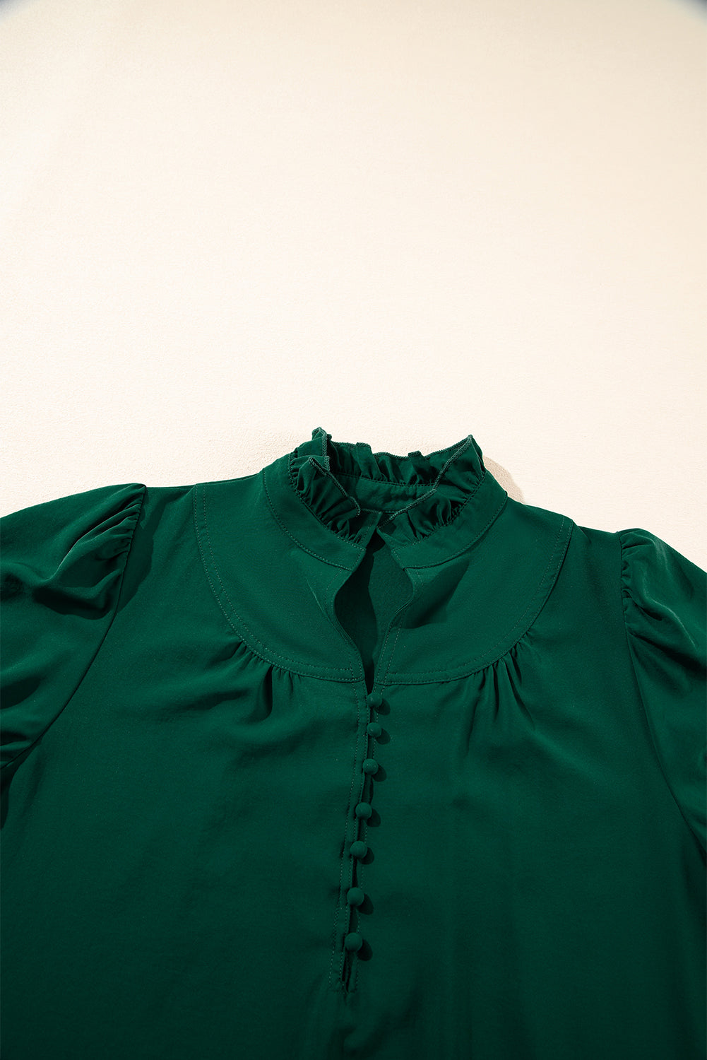 Green Checkered Puff Sleeve Frill Trim Blouse - Navy Grays Boutique