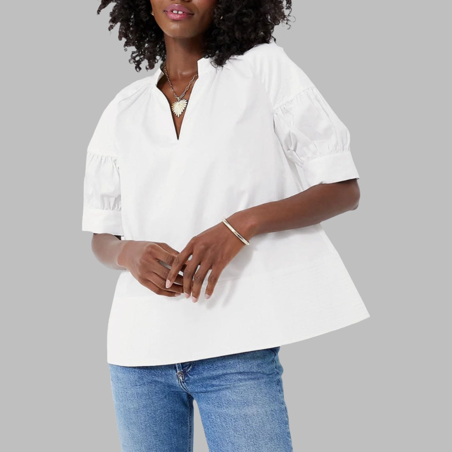 White Solid Color Ruched Bubble Sleeve V Neck Shirt - Navy Grays Boutique
