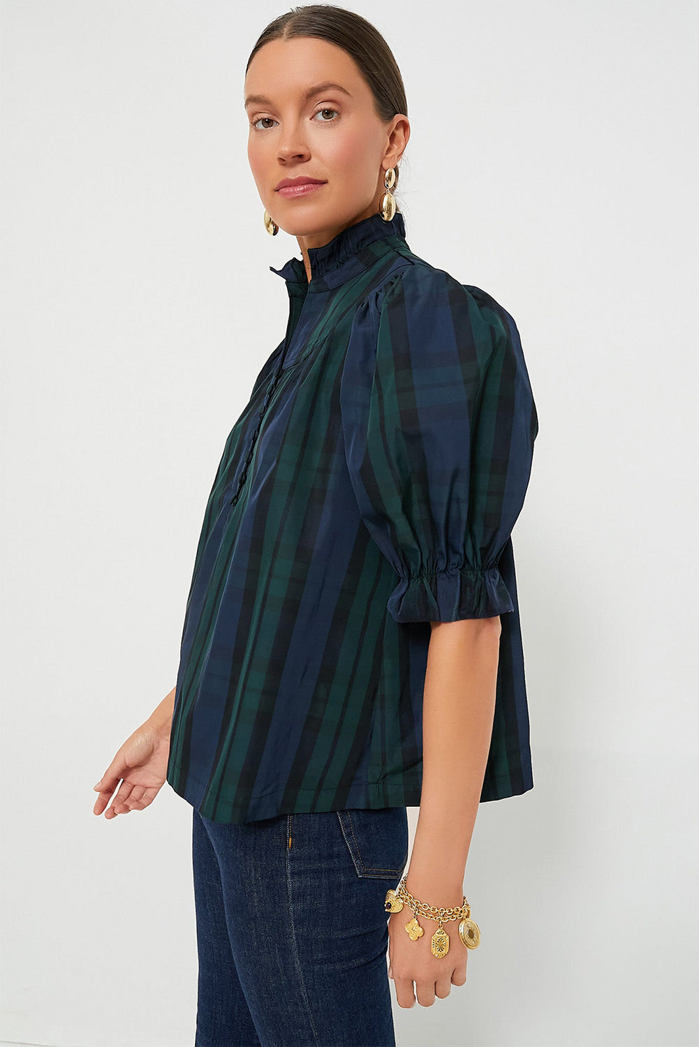 Green Checkered Puff Sleeve Frill Trim Blouse - Navy Grays Boutique
