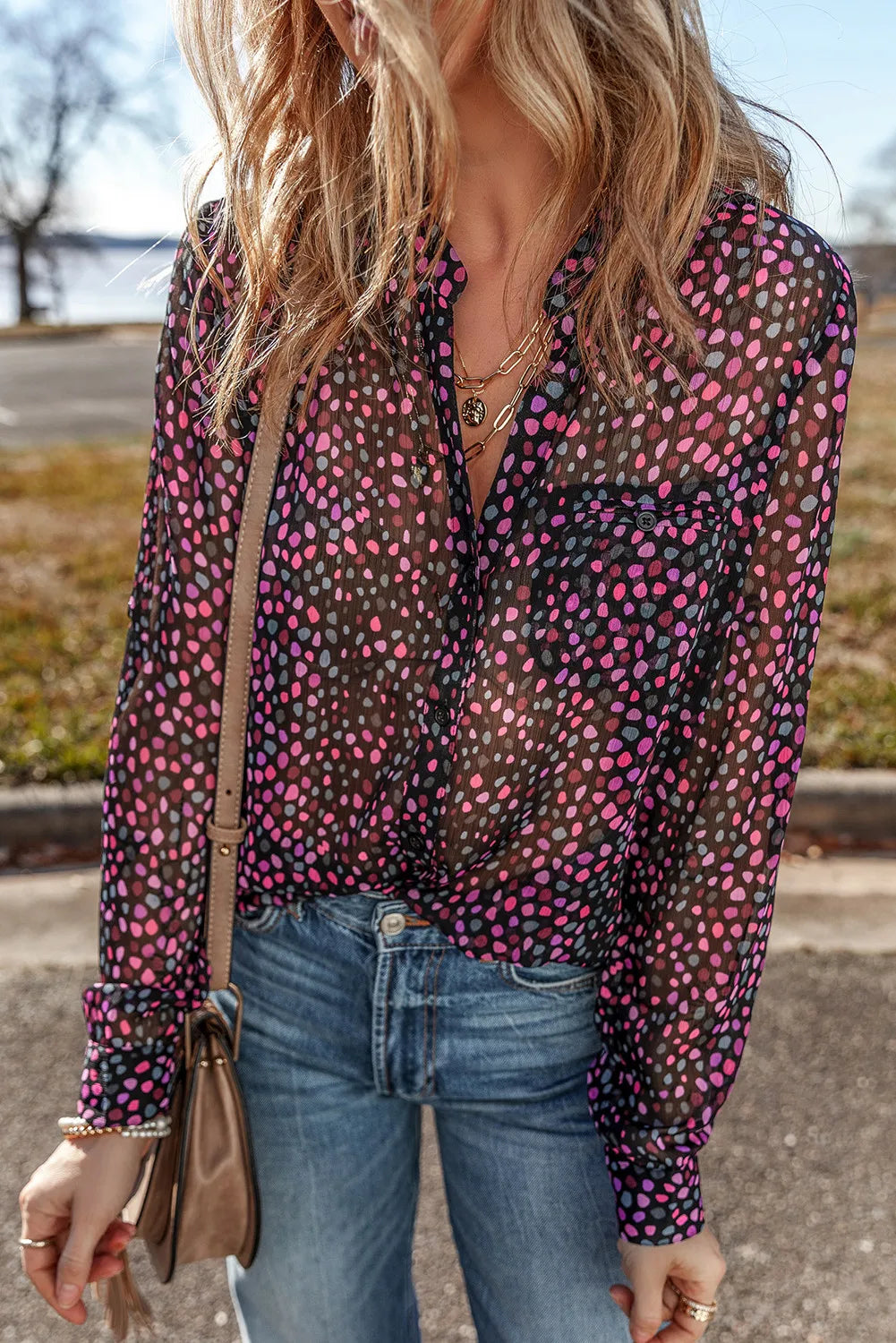 Printed Notched Long Sleeve Blouse - Navy Grays Boutique