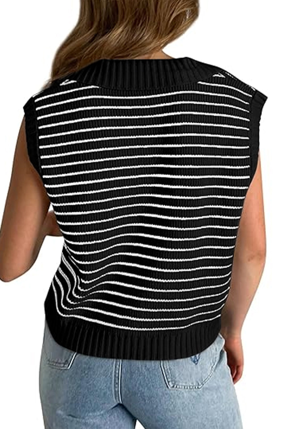 Black Stripe Turn-down V Neck Sweater Tank Top - Navy Grays Boutique