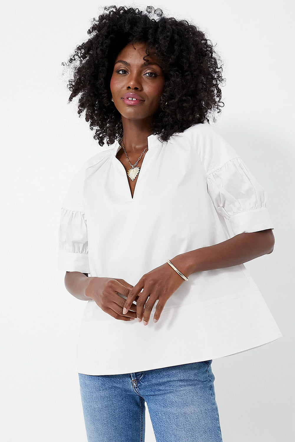 White Solid Color Ruched Bubble Sleeve V Neck Shirt - Navy Grays Boutique