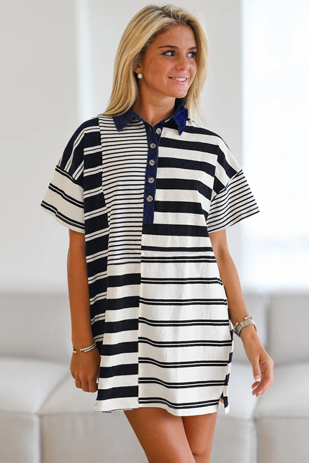 Black Stripe Half Placket Polo T Shirt Dress - Navy Grays Boutique