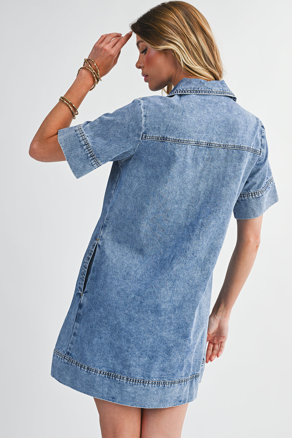 Blue Short Sleeve Collared Chest Pocket Denim Mini Dress