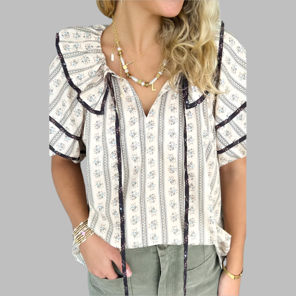 White Ruffle V-Neck Floral Print Short Sleeve Blouse - Navy Grays Boutique