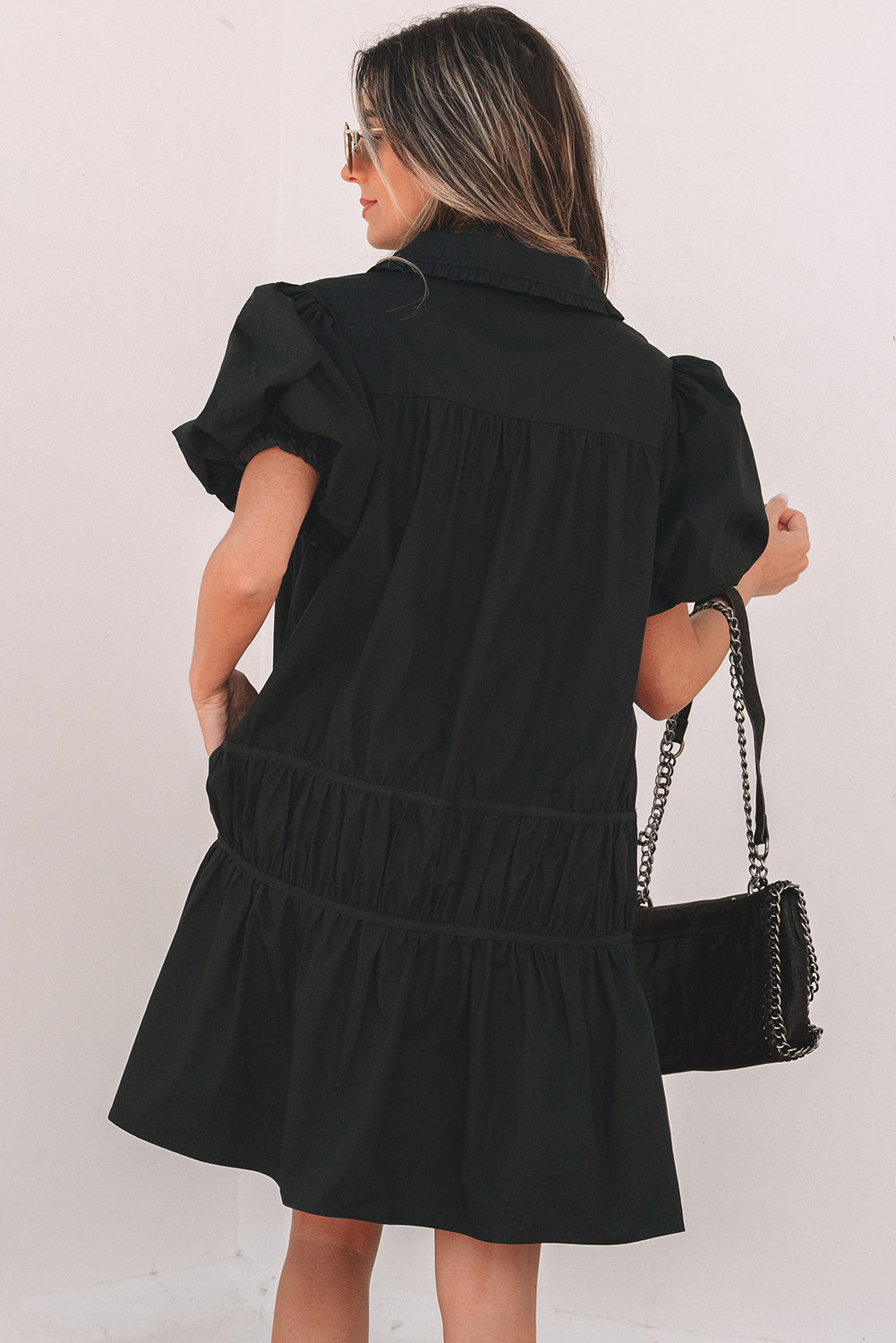 Black Shirt Style Ruffle Hem Dress - Navy Grays Boutique