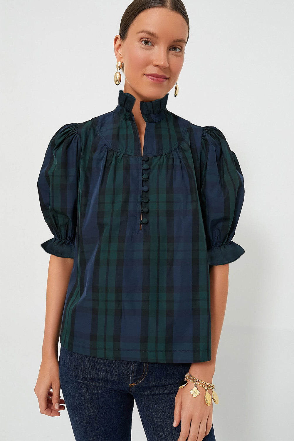 Green Checkered Puff Sleeve Frill Trim Blouse - Navy Grays Boutique