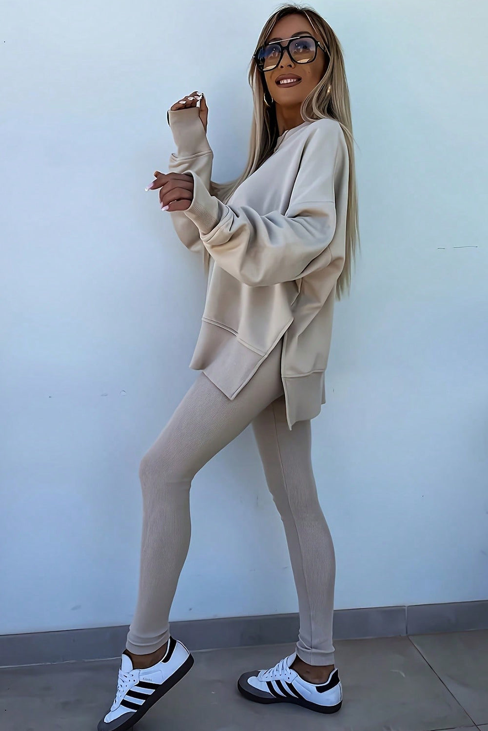 Oversized Slit Sweatshirt Ribbed Leggings Set