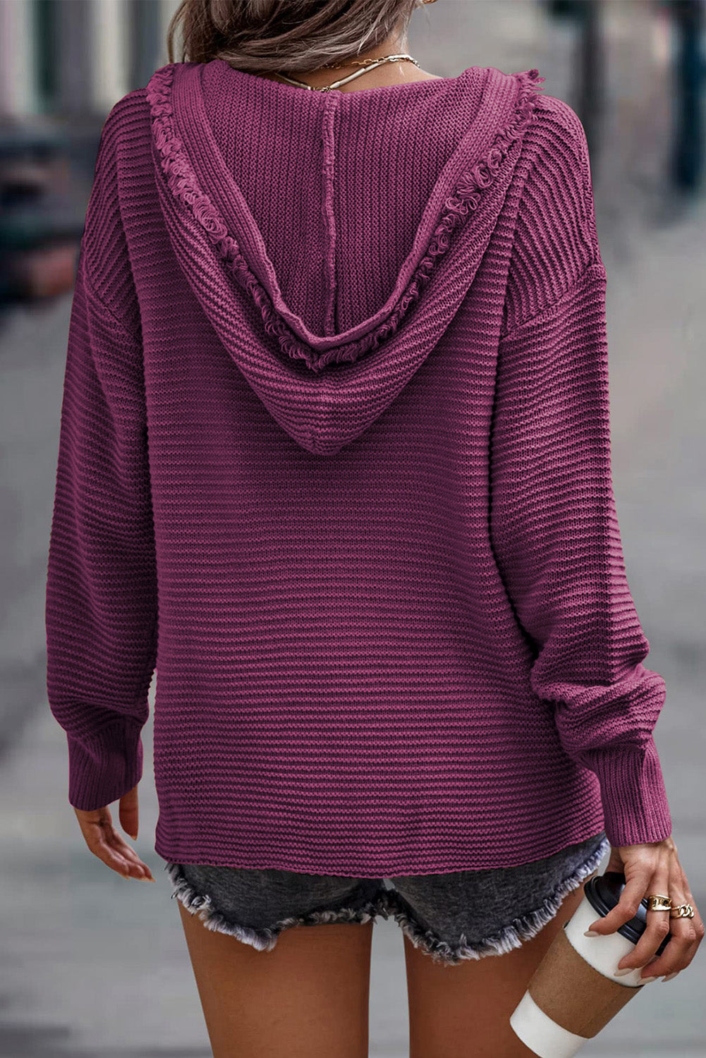 Black Split V Neck Pullover Knit Hooded Sweater