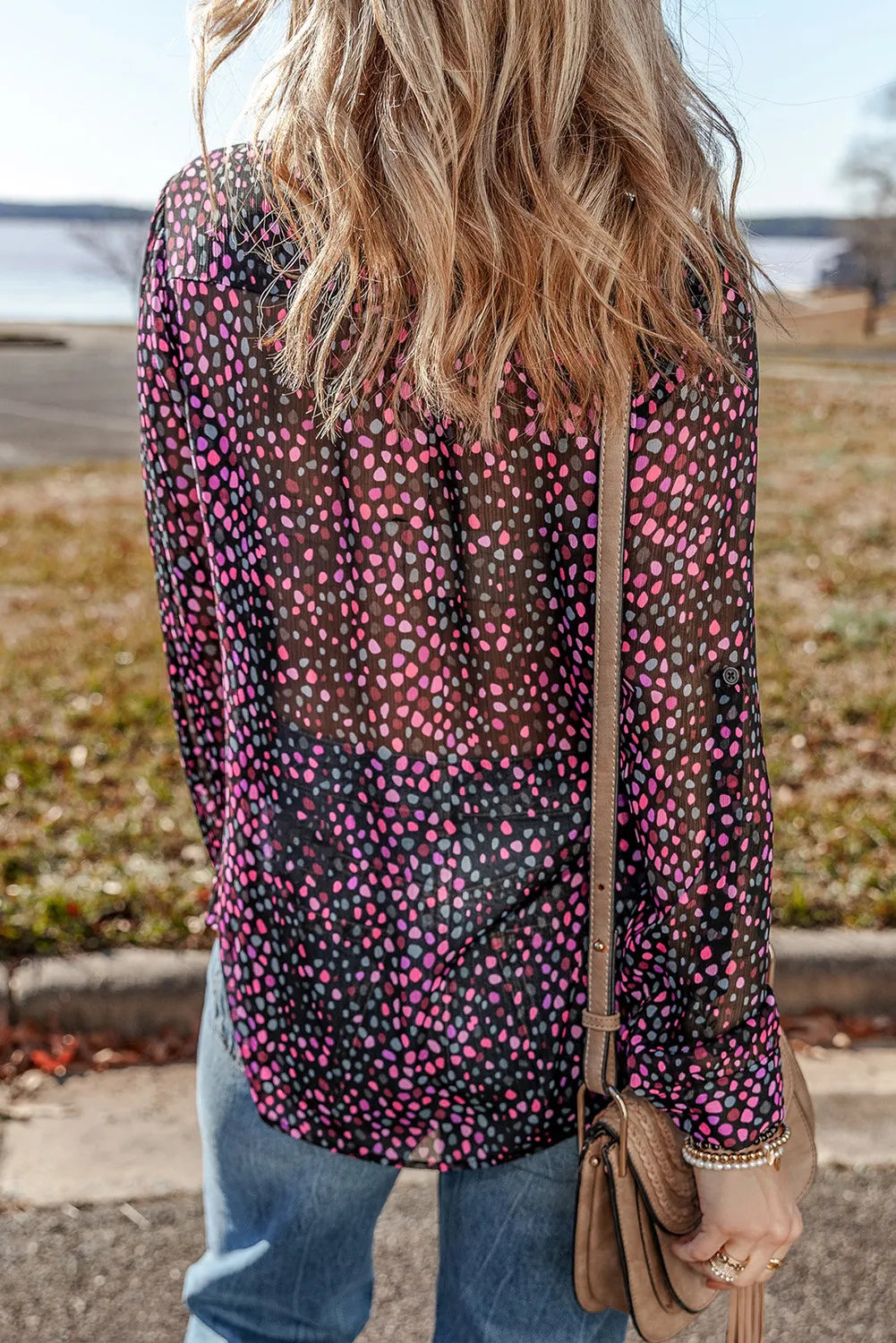 Printed Notched Long Sleeve Blouse - Navy Grays Boutique