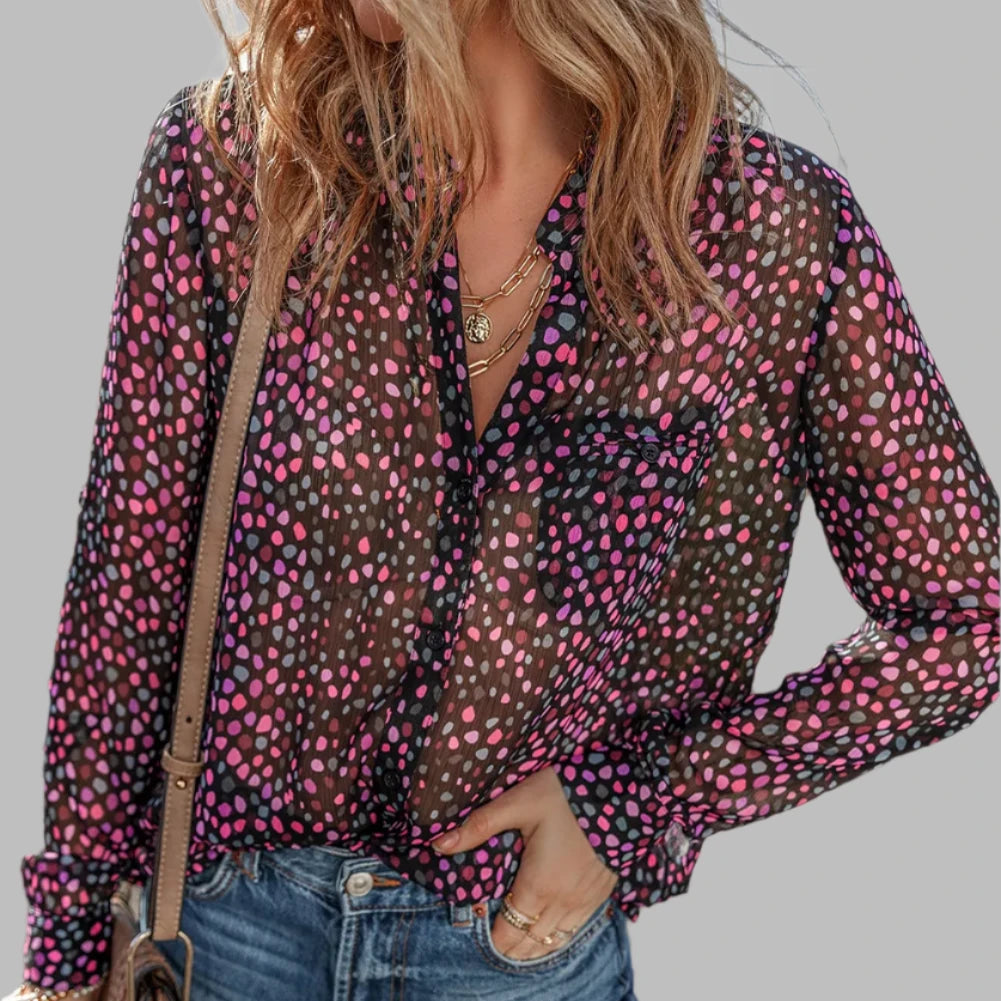 Printed Notched Long Sleeve Blouse - Navy Grays Boutique