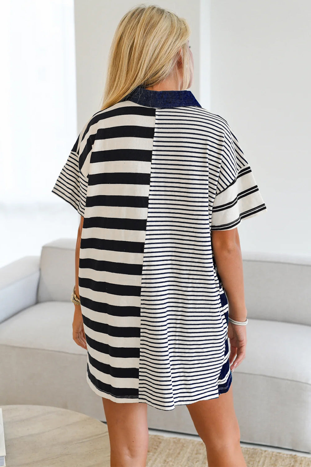 Black Stripe Half Placket Polo T Shirt Dress - Navy Grays Boutique