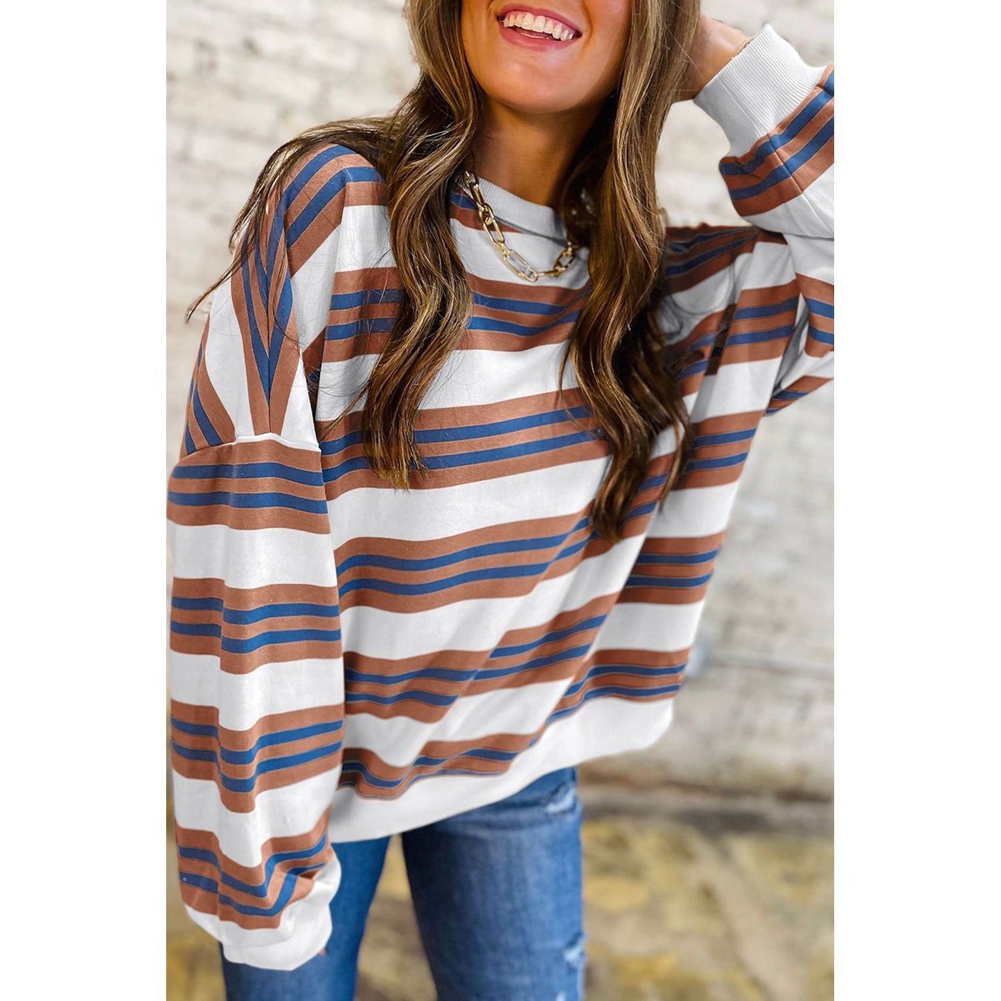 Brown Stripe Crew Neck Drop Shoulder Pullover Sweatshirt
