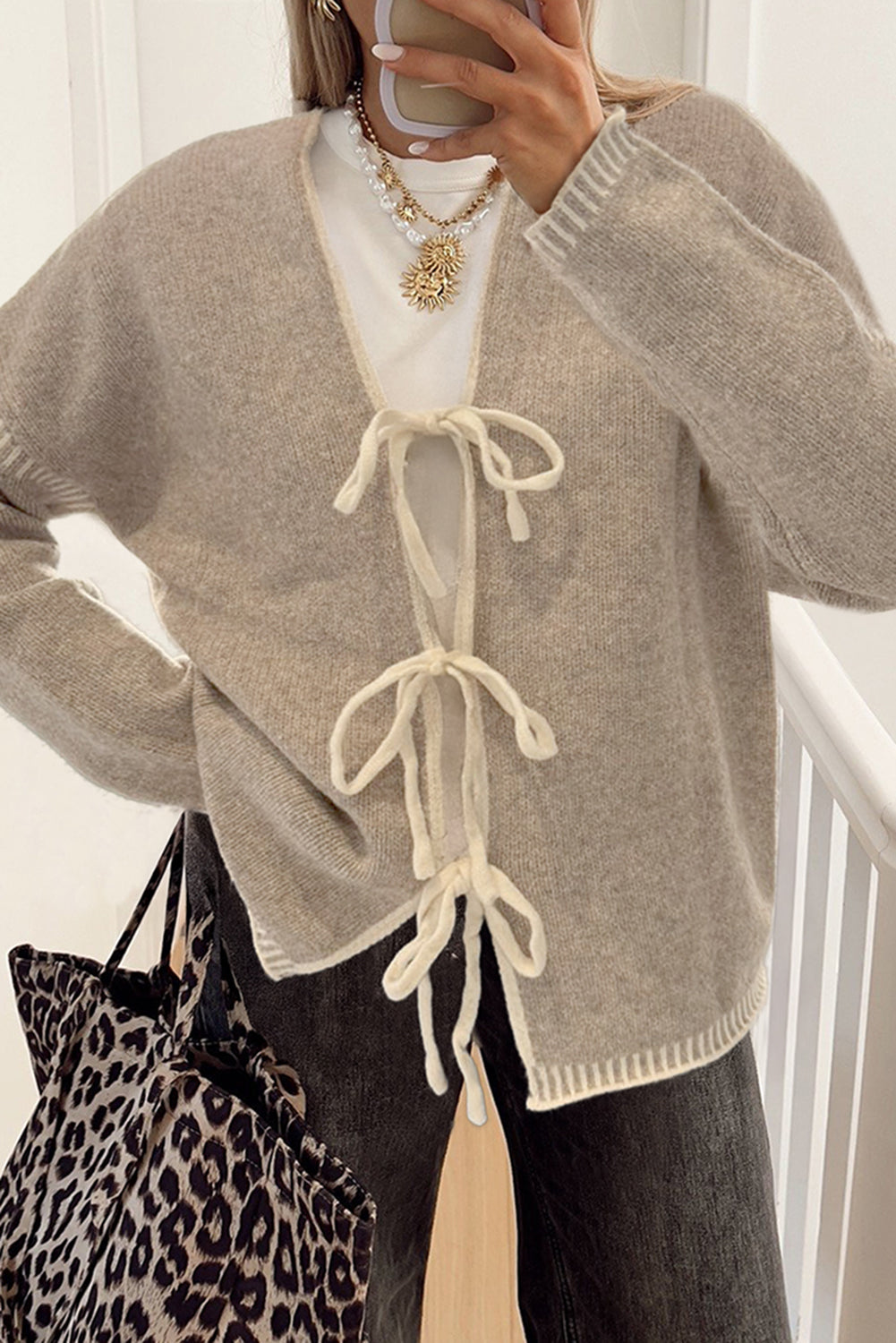 Khaki Tied Front Casual Cardigan