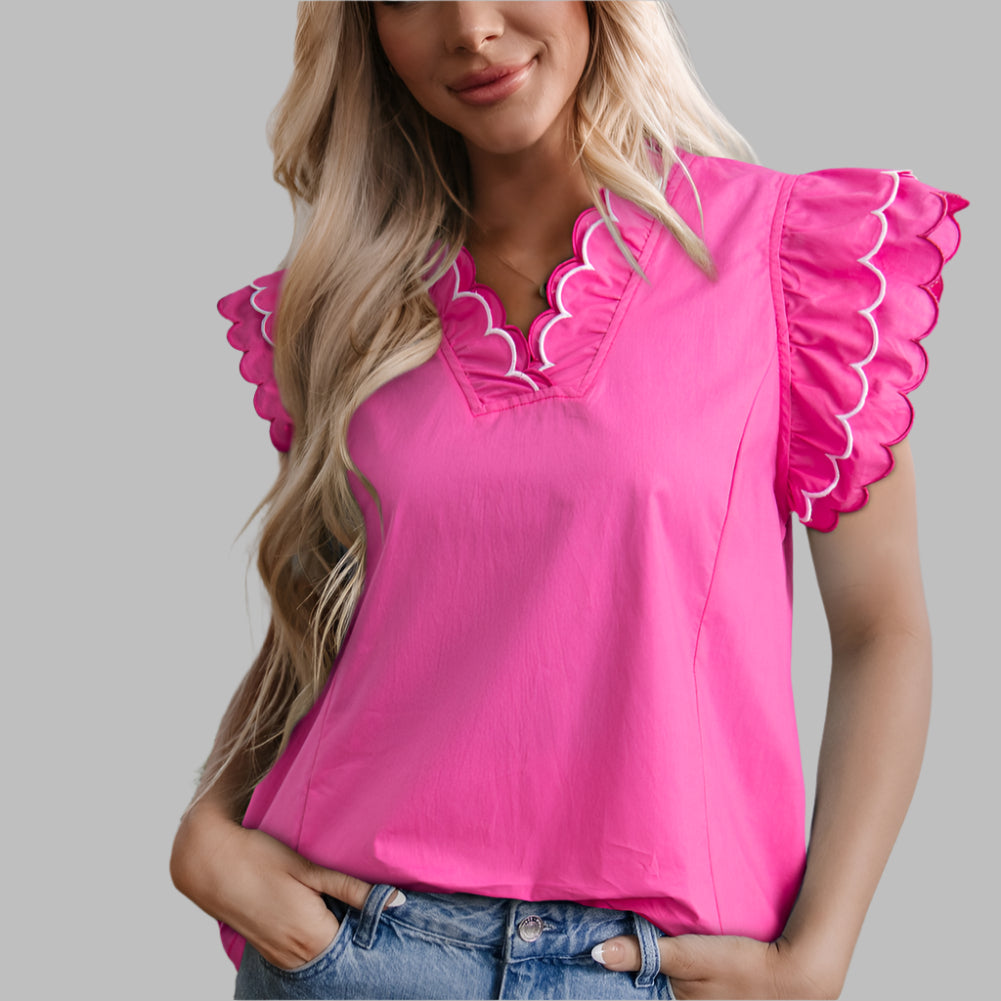 Bright Pink Scallop Trim Blouse