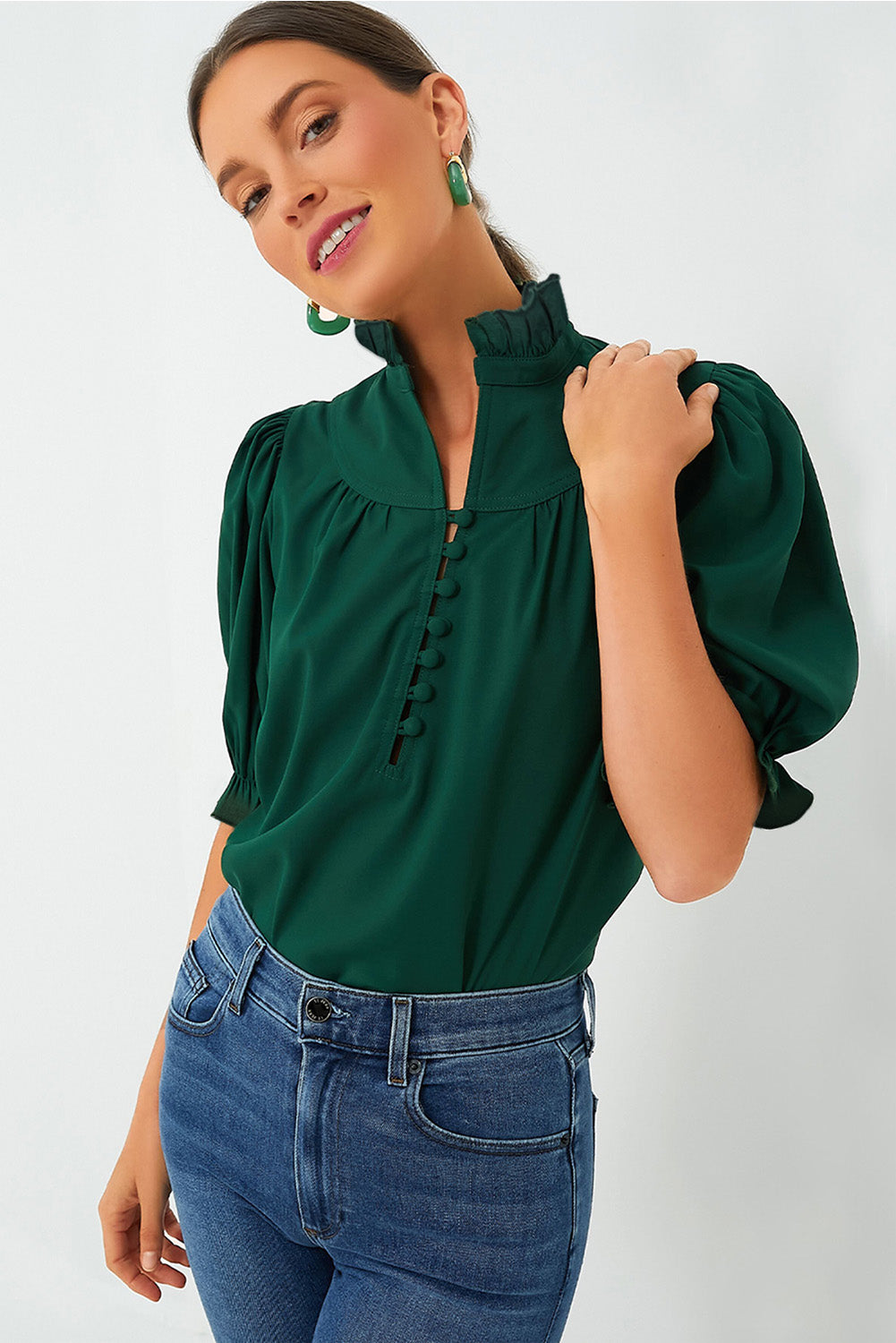Green Checkered Puff Sleeve Frill Trim Blouse - Navy Grays Boutique
