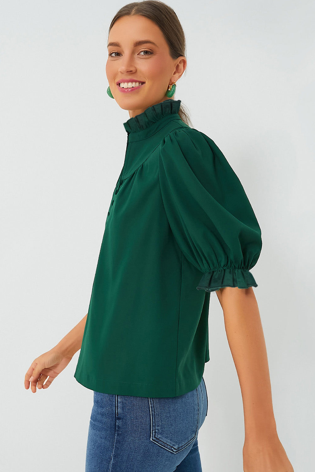 Green Checkered Puff Sleeve Frill Trim Blouse - Navy Grays Boutique