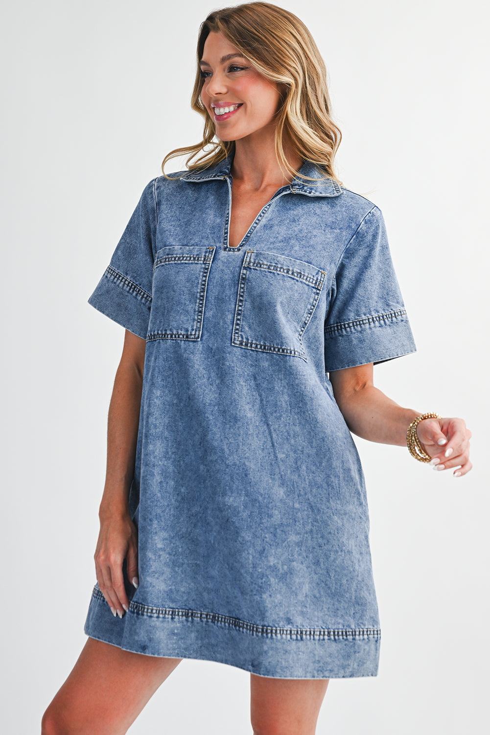 Blue Short Sleeve Collared Chest Pocket Denim Mini Dress
