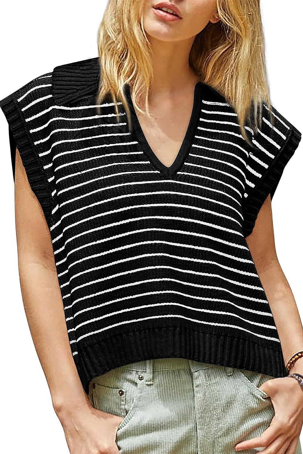 Black Stripe Turn-down V Neck Sweater Tank Top - Navy Grays Boutique