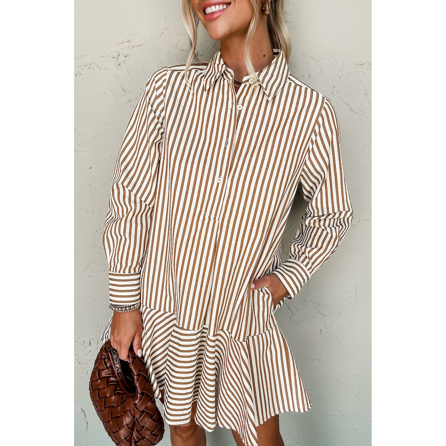 Brown Stripe Ruffle Hem Collared Long Sleeve Shirt Mini Dress