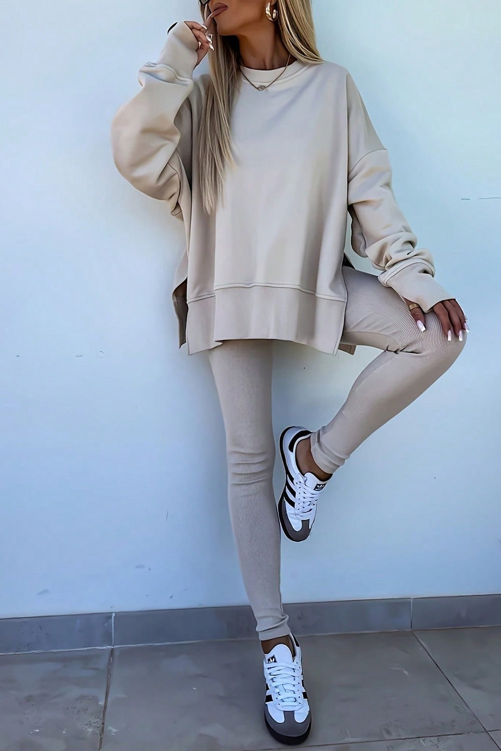 Oversized Slit Sweatshirt Ribbed Leggings Set