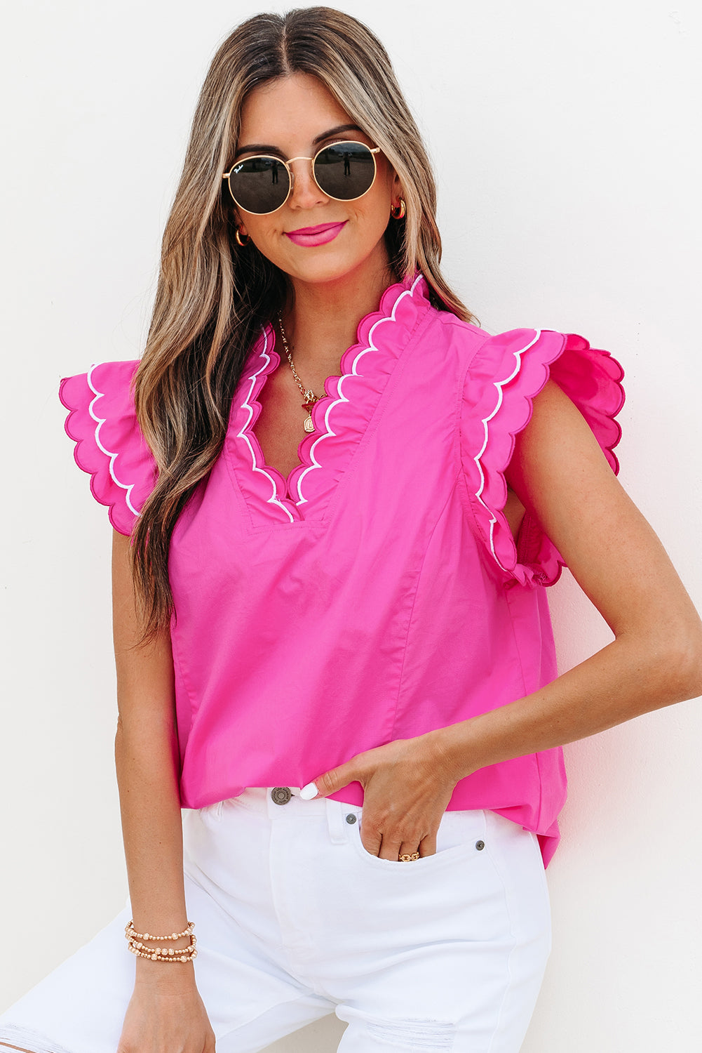 Bright Pink Scallop Trim Blouse