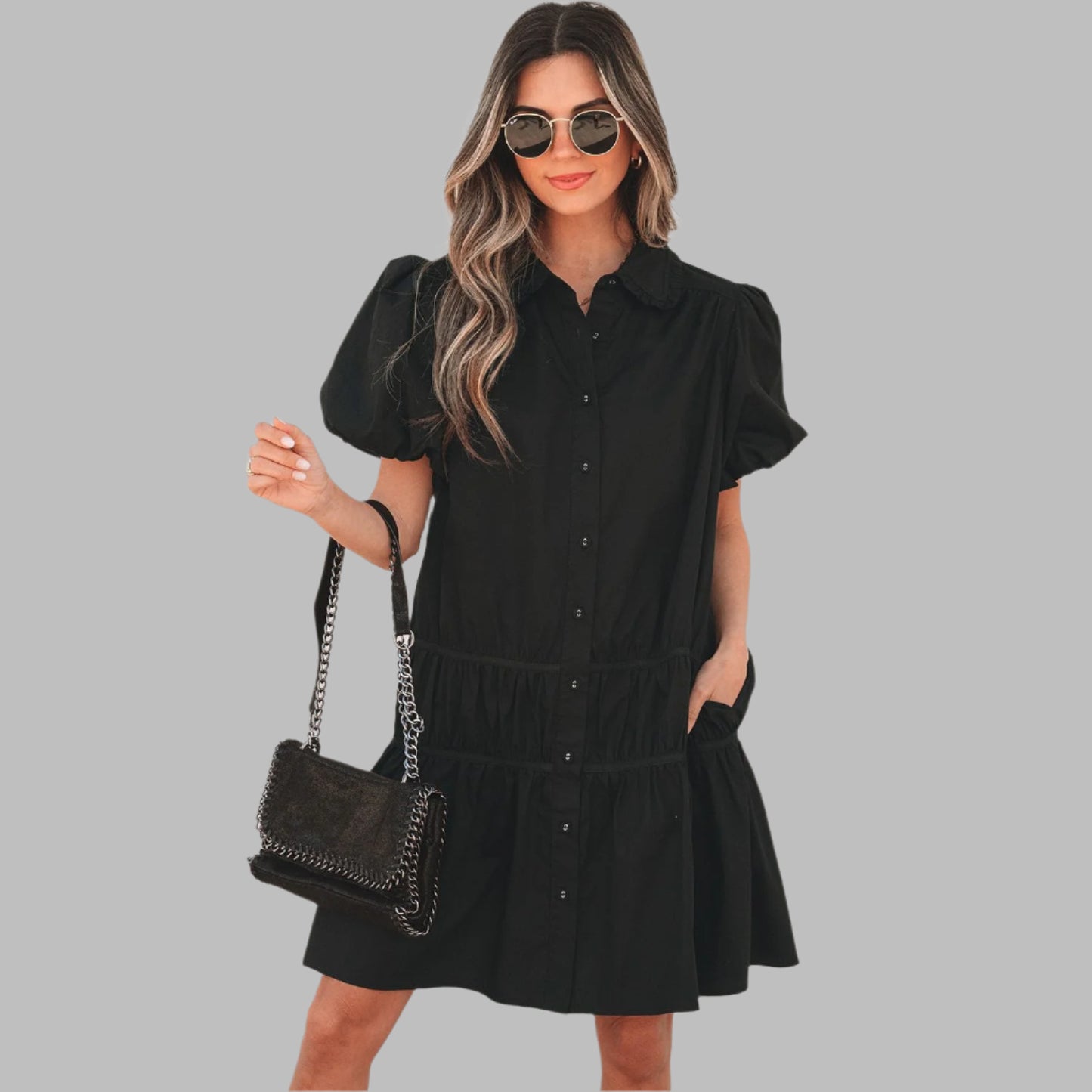 Black Shirt Style Ruffle Hem Dress - Navy Grays Boutique