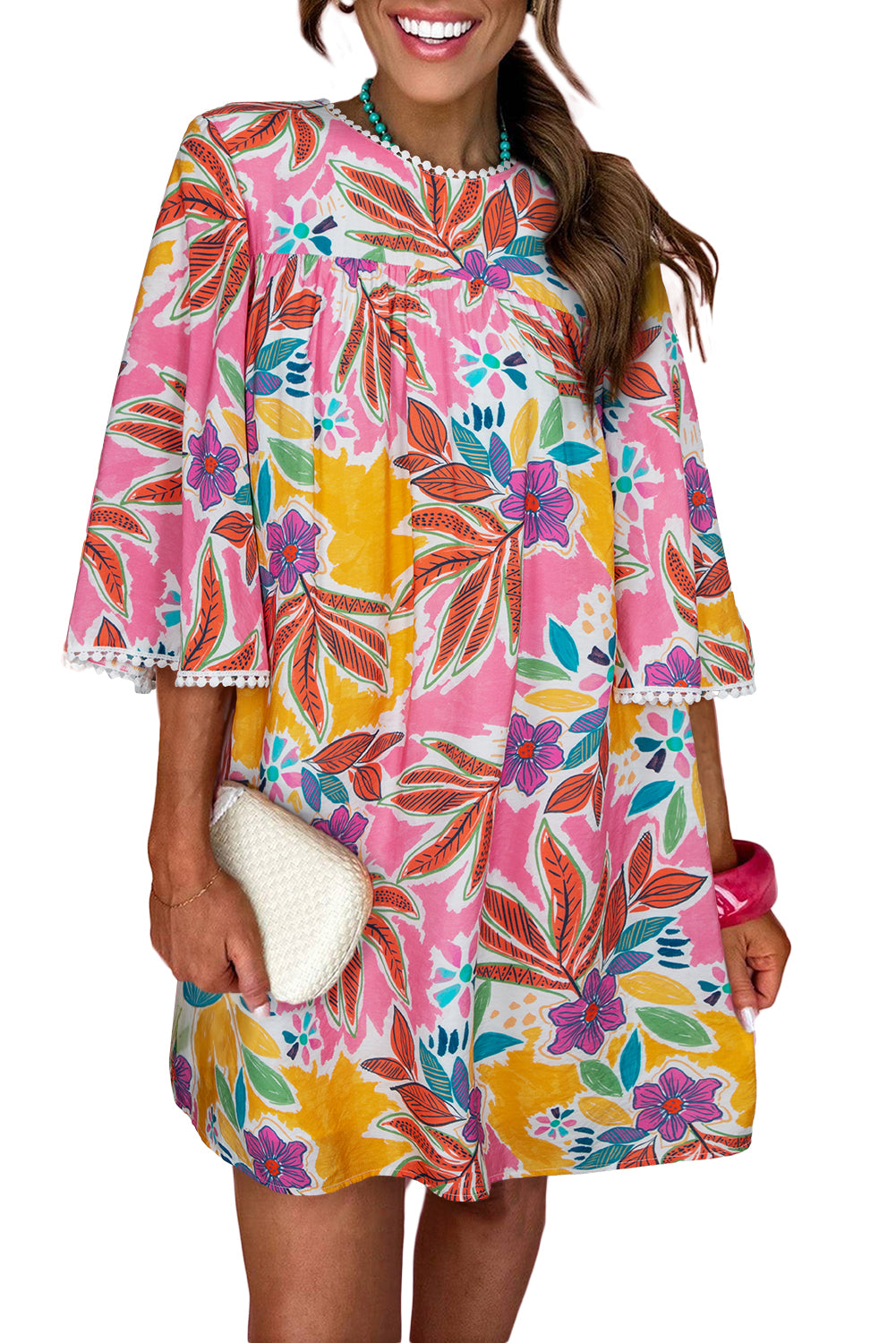 Pink Tropical Floral Bell Sleeve Loose Mini Dress