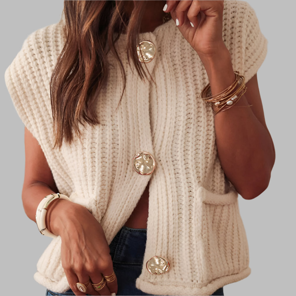 White Textured Knit Buttoned Sweater Vest