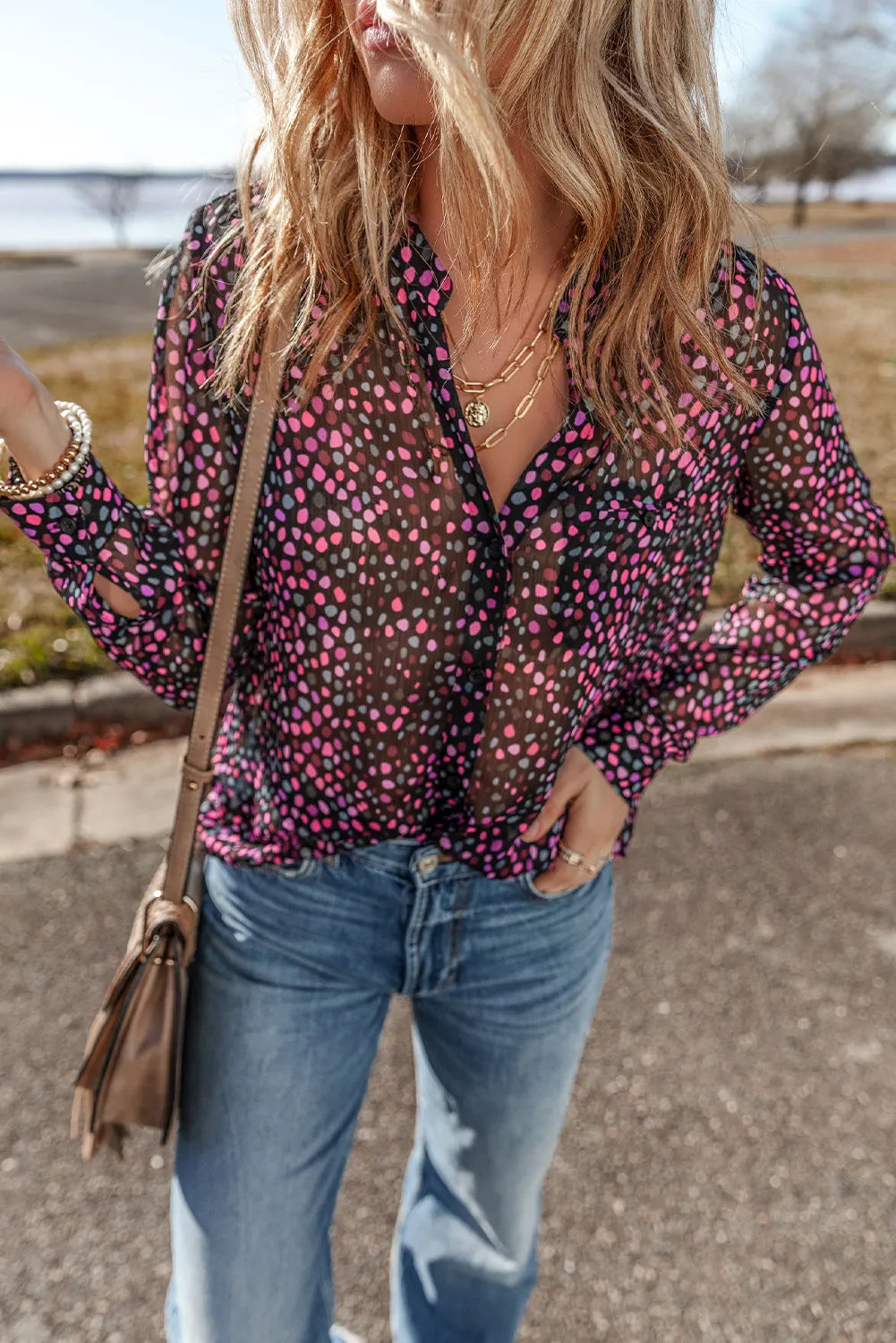 Printed Notched Long Sleeve Blouse - Navy Grays Boutique