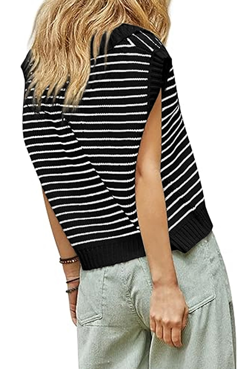 Black Stripe Turn-down V Neck Sweater Tank Top - Navy Grays Boutique