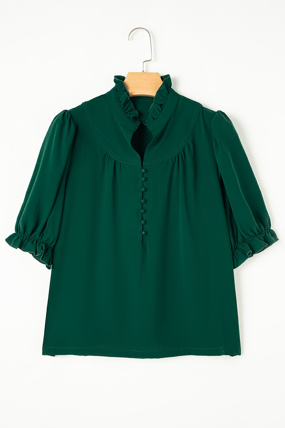 Green Checkered Puff Sleeve Frill Trim Blouse - Navy Grays Boutique