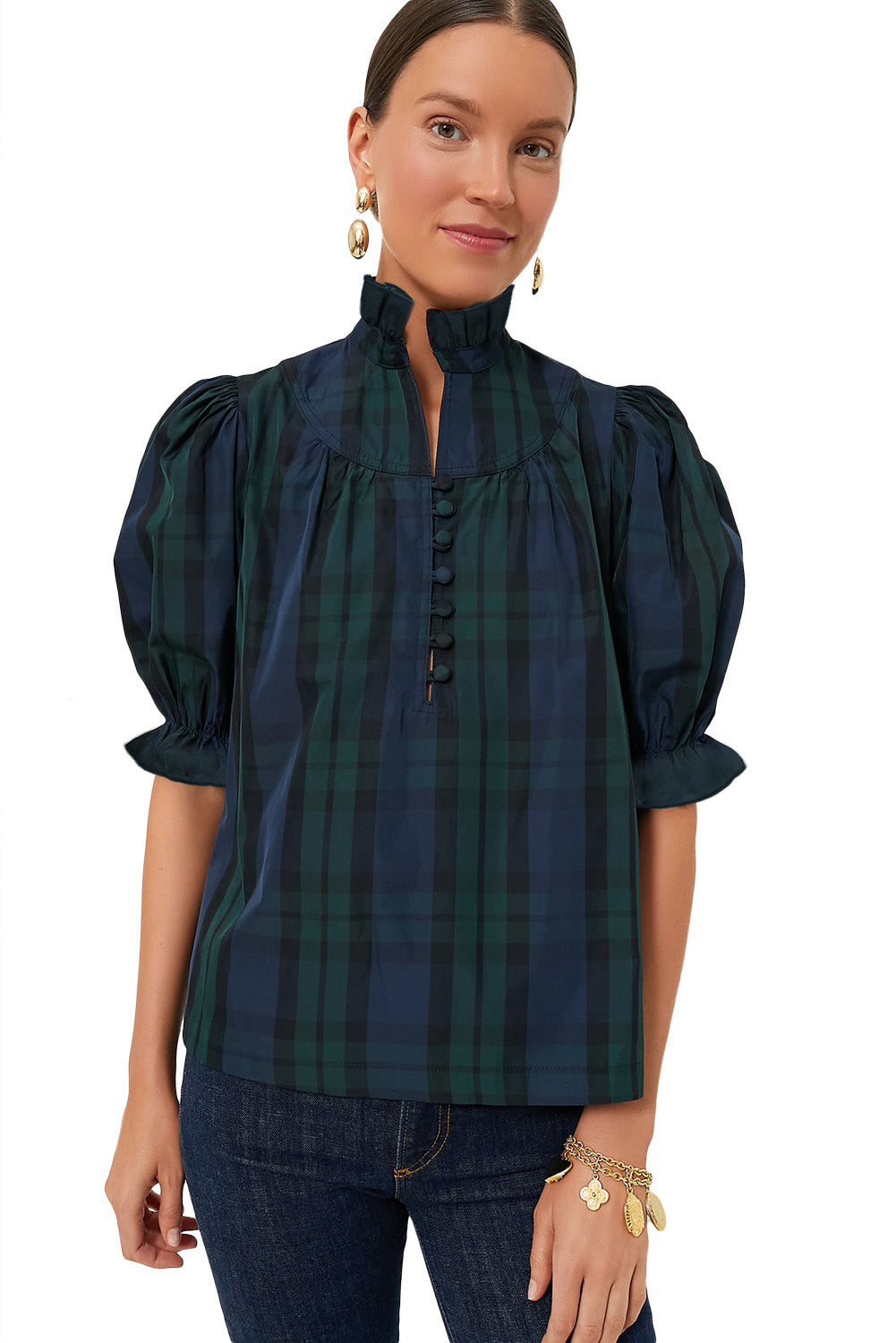 Green Checkered Puff Sleeve Frill Trim Blouse - Navy Grays Boutique