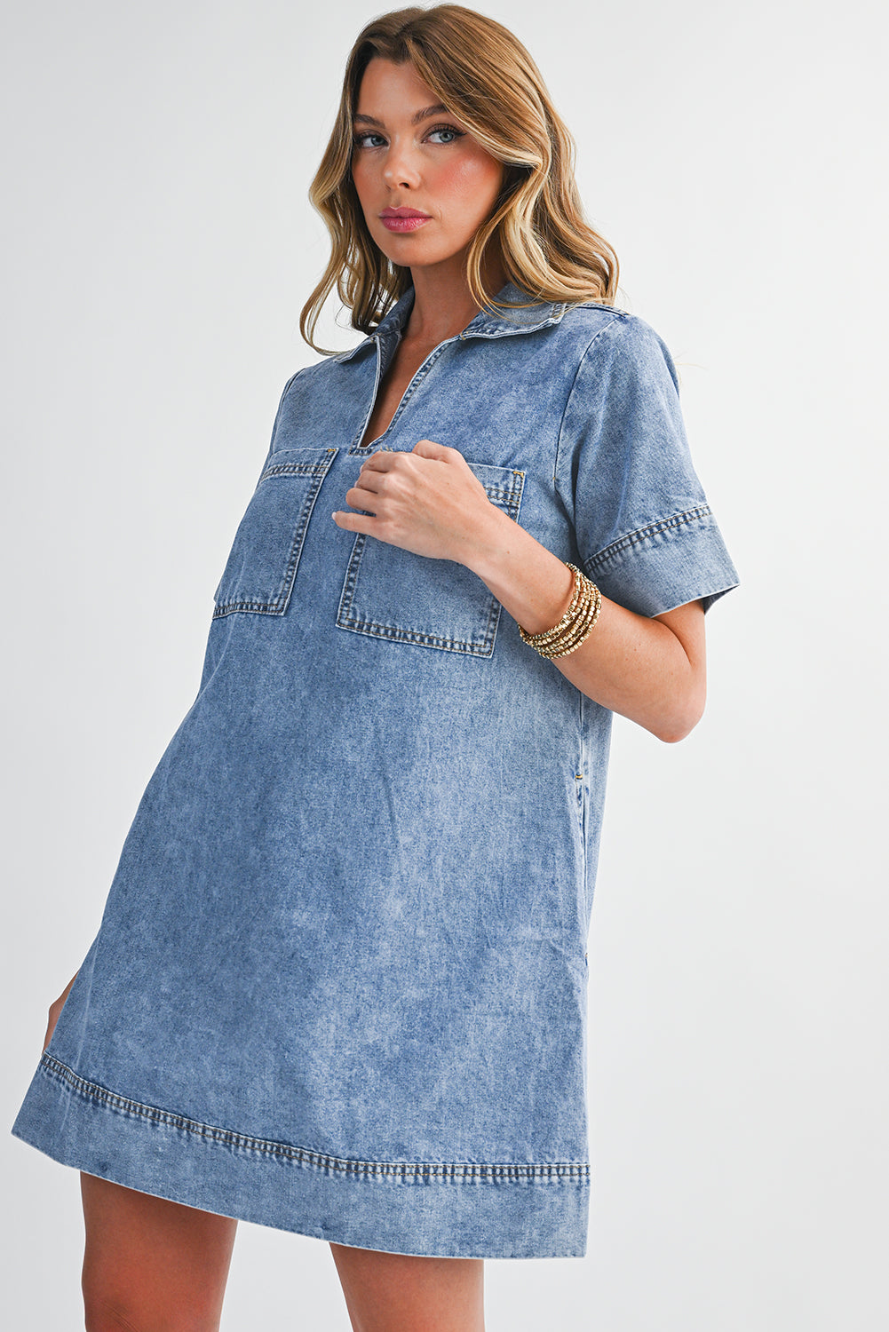 Blue Short Sleeve Collared Chest Pocket Denim Mini Dress