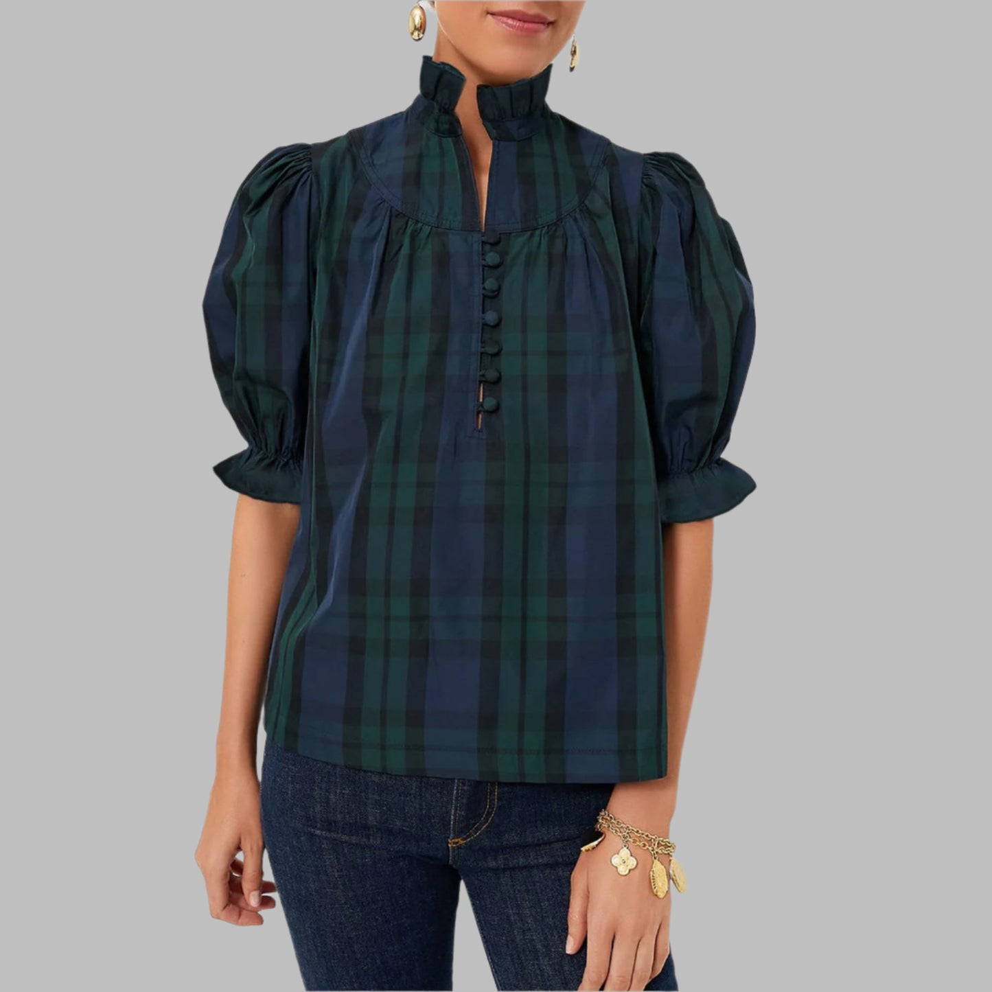Green Checkered Puff Sleeve Frill Trim Blouse - Navy Grays Boutique