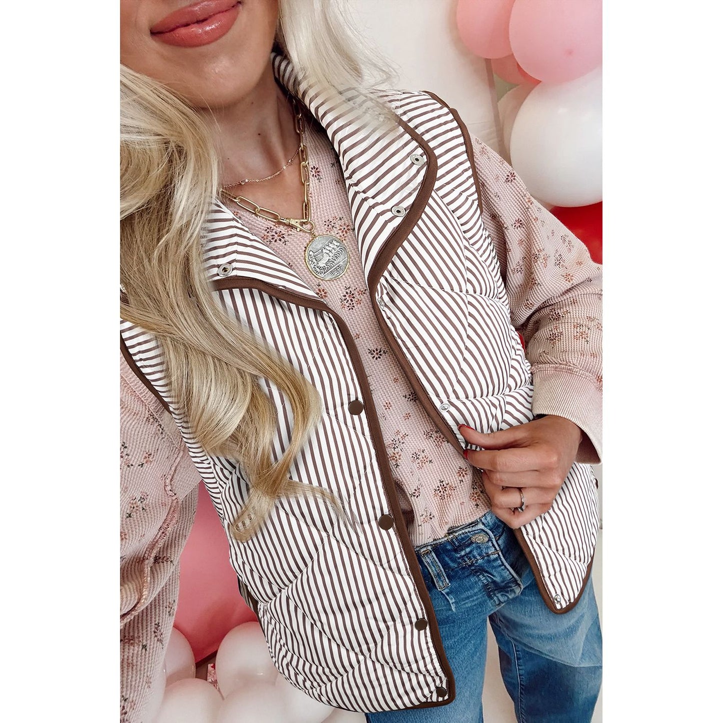 Brown Striped Snap Button Scalloped Hem Winter Vest