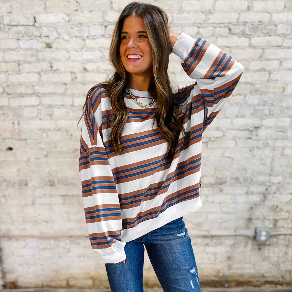 Brown Stripe Crew Neck Drop Shoulder Pullover Sweatshirt