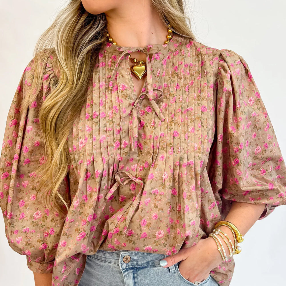 Light French Beige Floral Print Bow Pintuck Bust Half Puff Sleeve Blouse Top